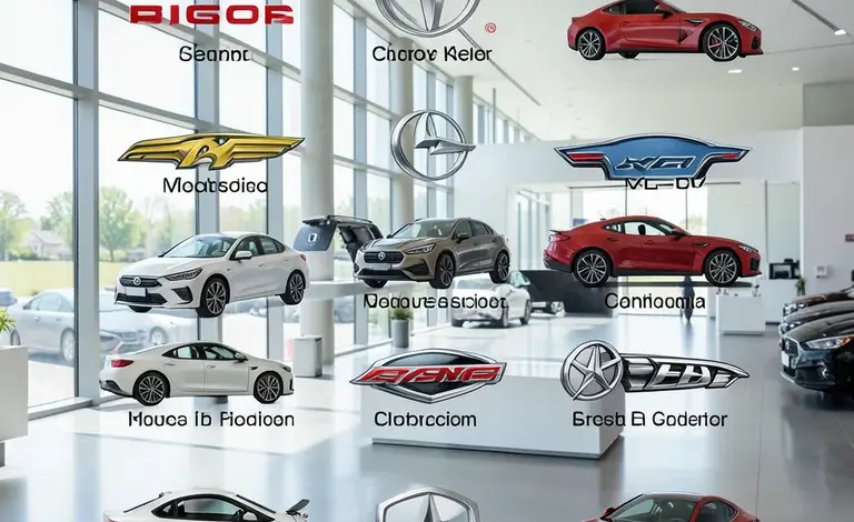 Katalog všech značek automobilů s ikonami a názvy - ilustrační foto