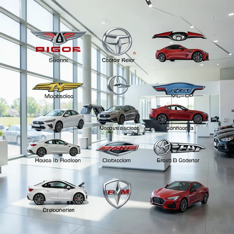 Katalog všech značek automobilů s ikonami a názvy - ilustrační foto