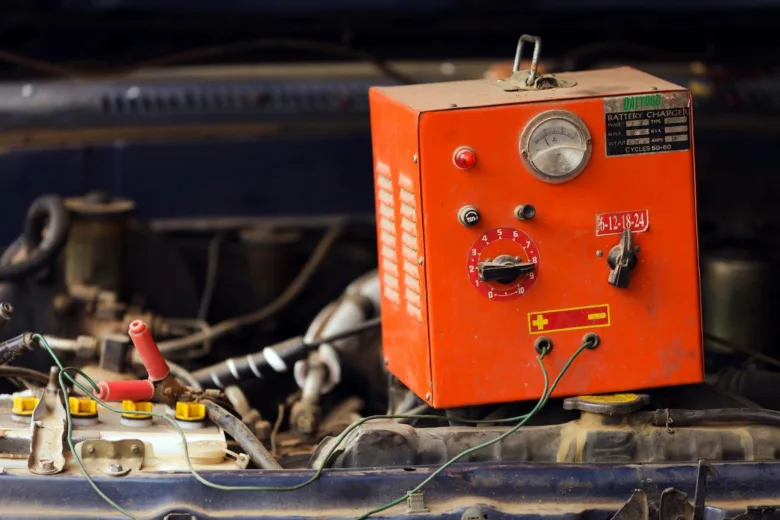 Oranžový nabíječ autobaterie připojený k automobilu pod kapotou.