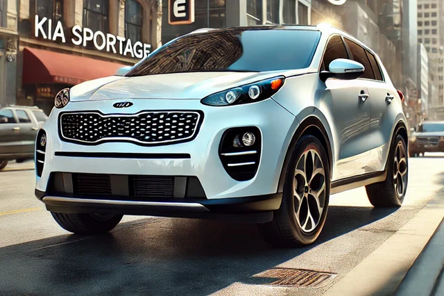 Bílý automobil Kia Sportage jezdí po městské ulici.