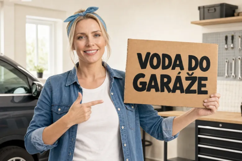 žena v garáži ukazuje na tabuli s textem voda do garáže
