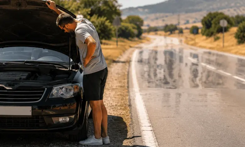 Muž kontroluje motor po poruše teplotního čidla na silnici.