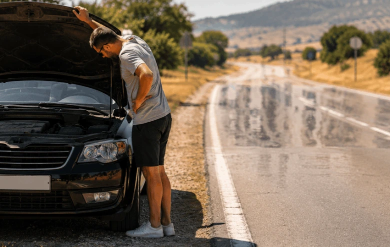 Muž kontroluje motor po poruše teplotního čidla na silnici.