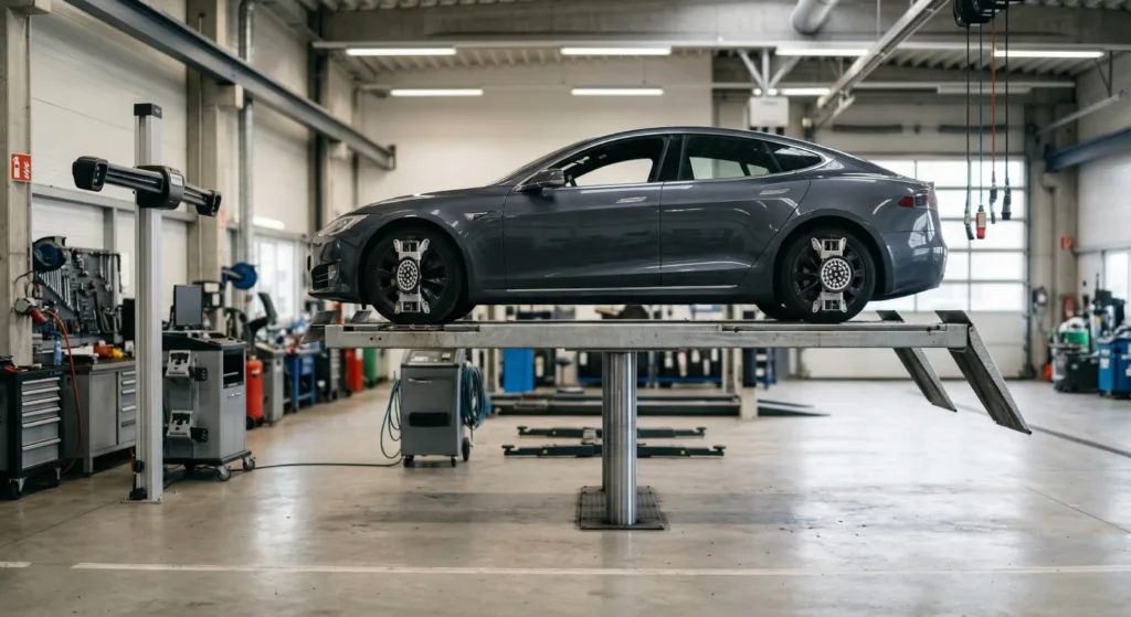 Šedé auto na zvedací stanici pro nastavení geometrie kol v dílně.