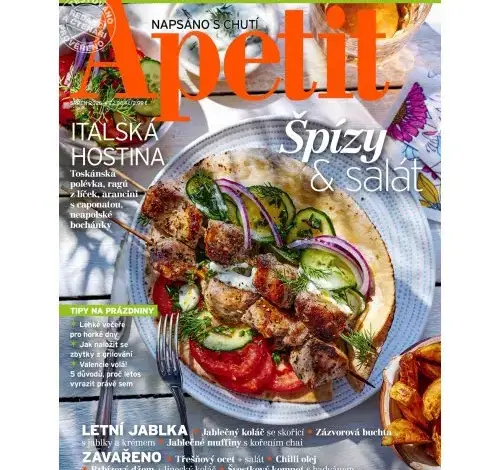 Magazín s jídlem na talíři a textem o italské kuchyni