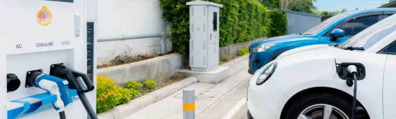 Bílé elektromobil nabíjený na veřejné stanici pro náboj.