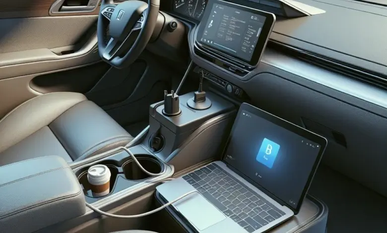 Notebook nabíjený v autě přes USB kabel na středovém konzolu.