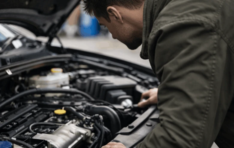 Muž kontroluje motor pod otevřenou kapotou auta.