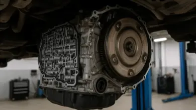 Automatická převodovka s odhalenými vnitřními součástmi pod autem.