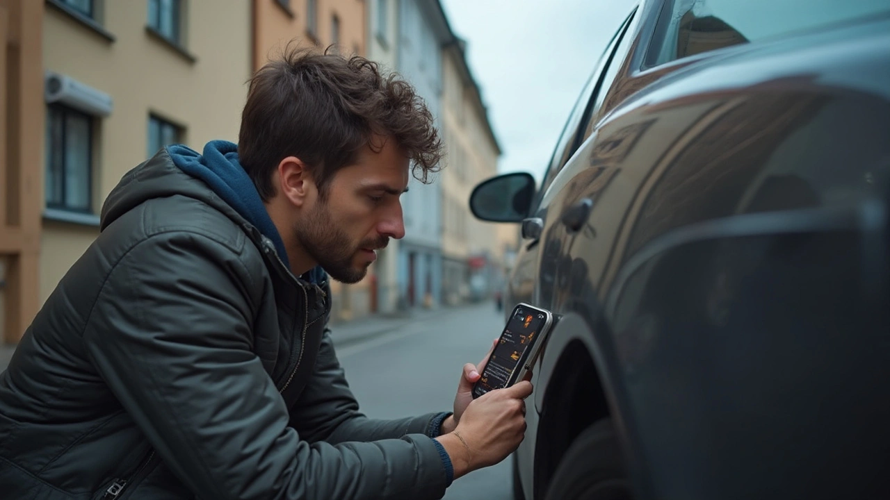 Muž nastavuje tlak pneumatik u vozu pomocí mobilního telefonu.