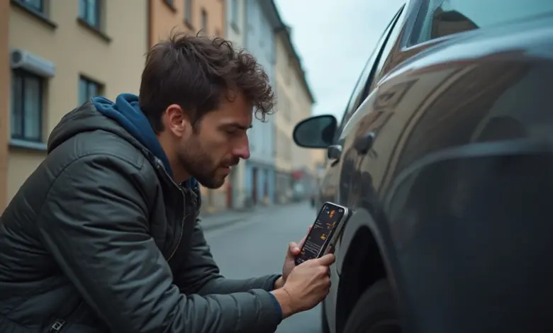 Muž kontroluje tlak v pneumatice pomocí mobilního telefonu.