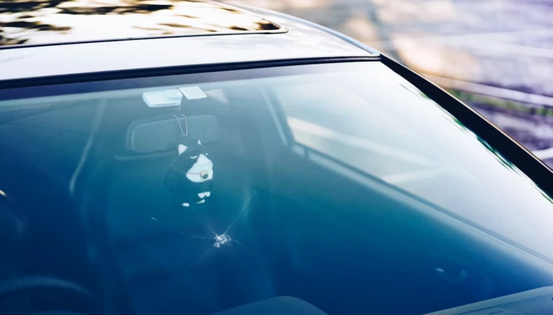 Vnitřní pohled skrze přední čelní sklo automobilu s odrazem slunce.