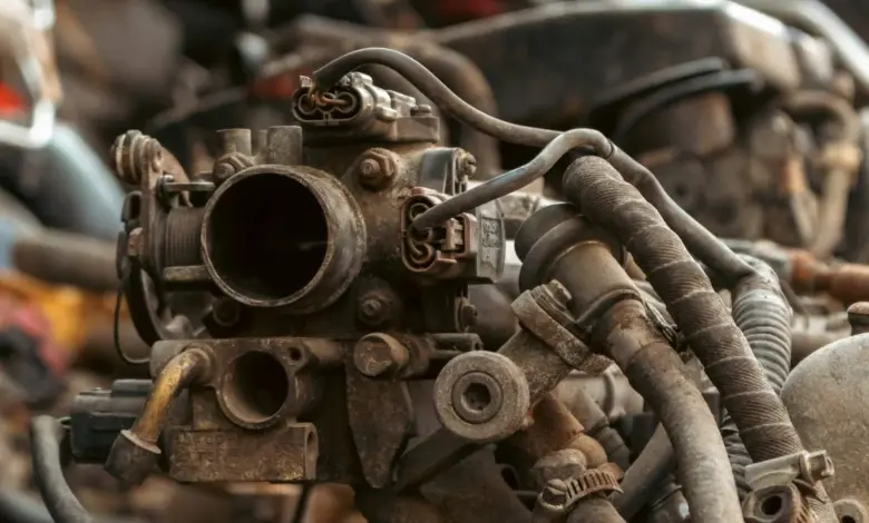 Znečištěný hrdelový těleso motoru v dílně