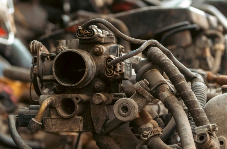 Znečištěný hrdelový těleso motoru v dílně