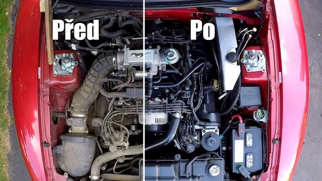 Porovnání motorového prostoru auta před a po úpravách na tlumení.