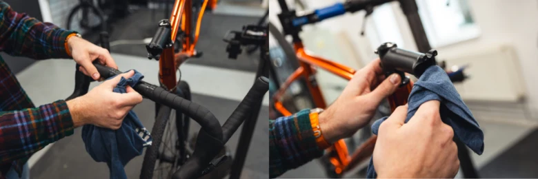 Člověk čistí řídítka cyklistického kola modrou utěrkou.
