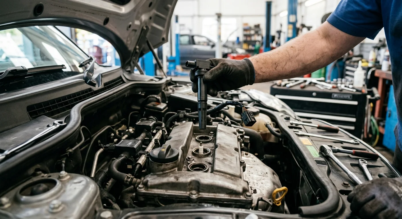 Mechanik opravuje motor vozu při diagnostice chyby EPC.