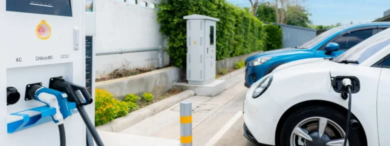 Bílé elektromobil nabíjený na veřejné stanici pro elektrická vozidla.