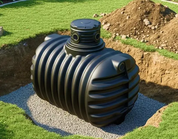Černá plastová septická nádrž v jámě pro instalaci.