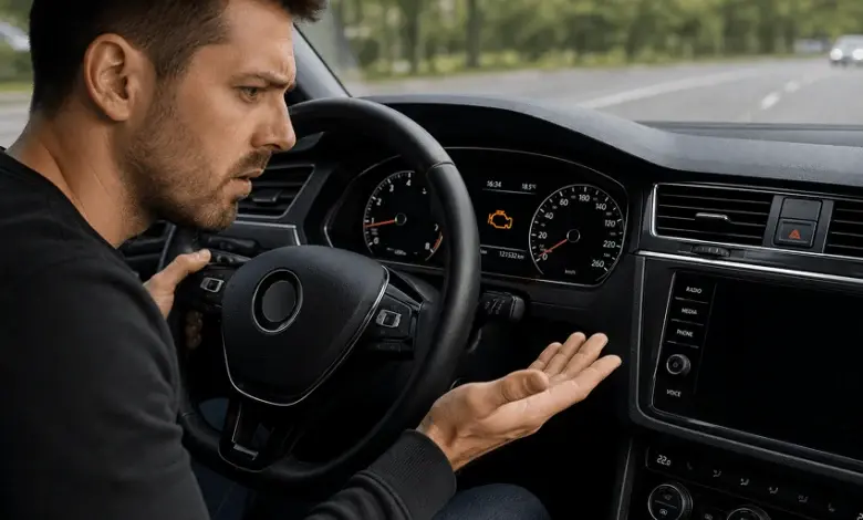 Muž v autě se dívá na rozsvícenou kontrolku motoru.