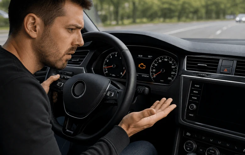 Muž v autě se dívá na rozsvícenou kontrolku motoru.