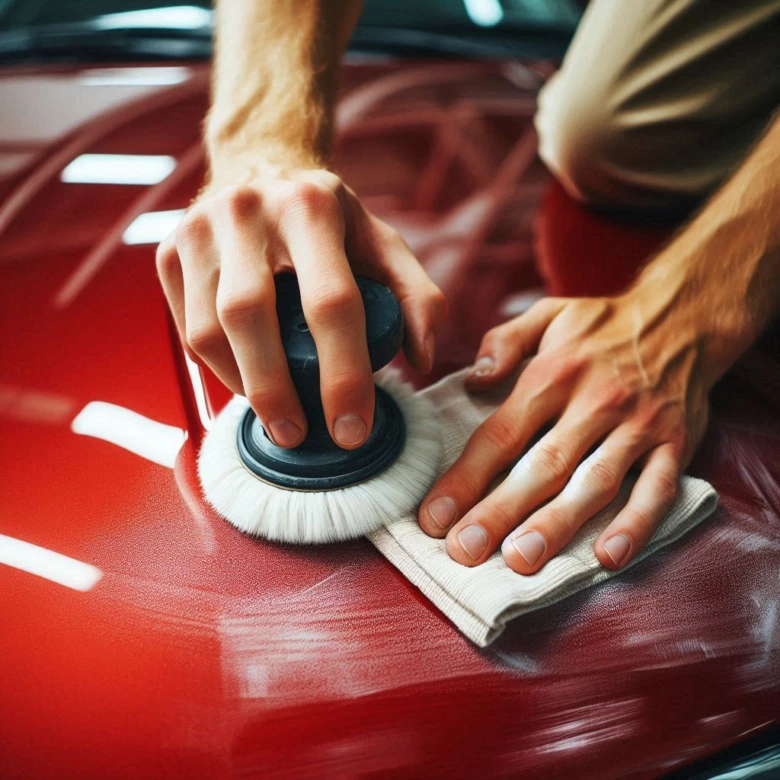 Muž políruje červené auto na odstranění škrábanců.