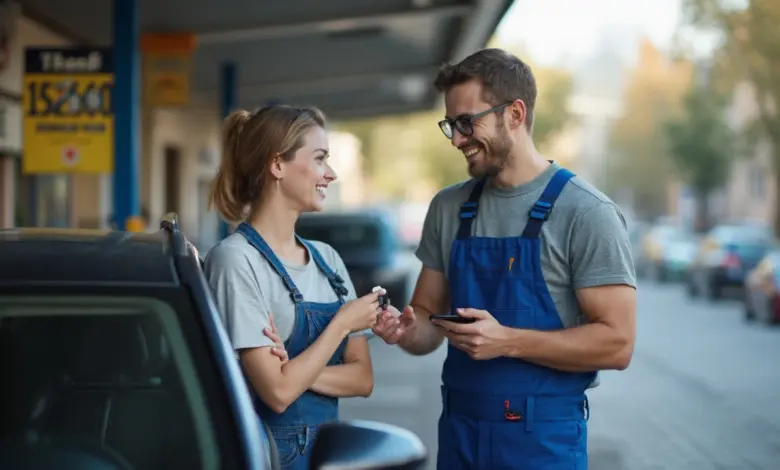 Mechanik ukazuje telefon zákaznici vedle auta.
