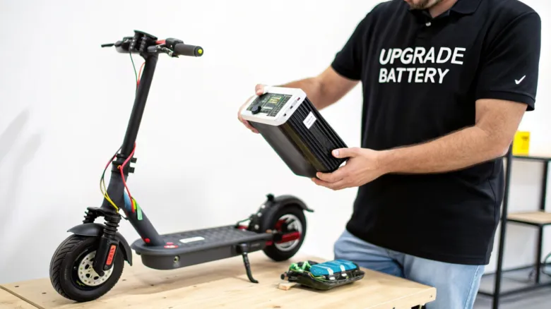 Muž drží novou baterii pro elektrický skútor vedle rozloženého vozidla.