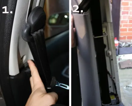 Ruka tlačí na knoflík pro uvolnění bezpečnostního pásu v autě.