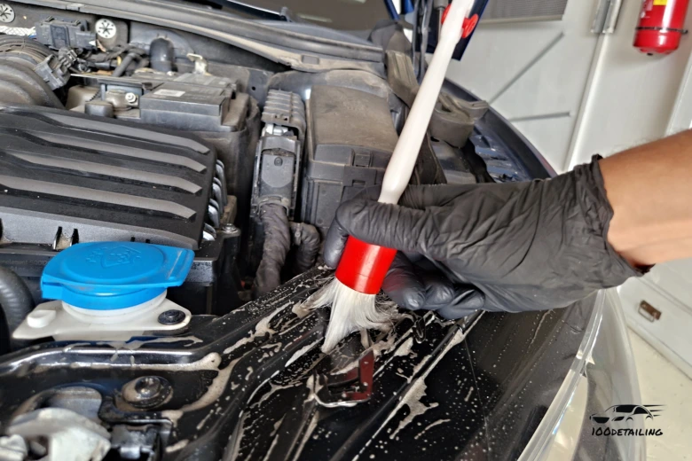 Čistění motoru auta měkkým štětcem bez poškození.