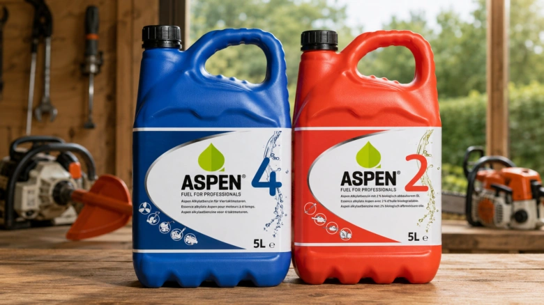 Dva balóny paliva značky Aspen pro dvoutaktní motory.