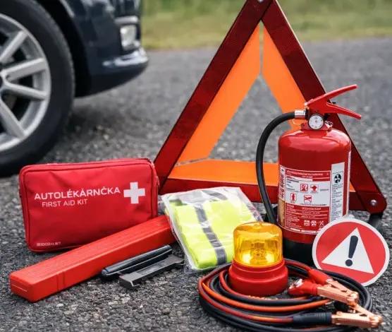 Czech auto záchranný balíček s trojúhelníkem, první pomoci a kabely.