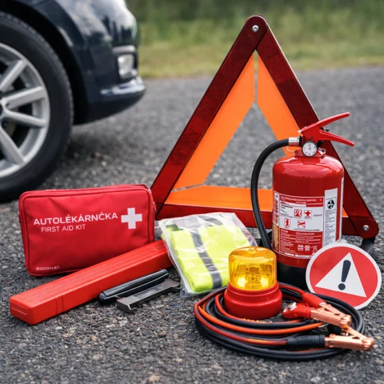 Czech auto záchranný balíček s trojúhelníkem, první pomoci a kabely.