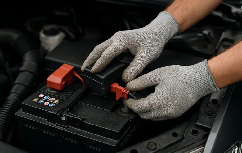 Ruční připojení kabelu k automobilovému akumulátoru pod kapotou.