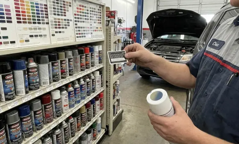 Mechanik porovnává kód barvy laku s kartičkou vedle skříně sprejů.