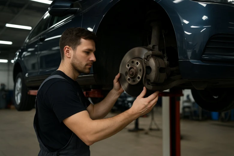 Mechanik kontroluje brzdný disk u zvednutého automobilu.