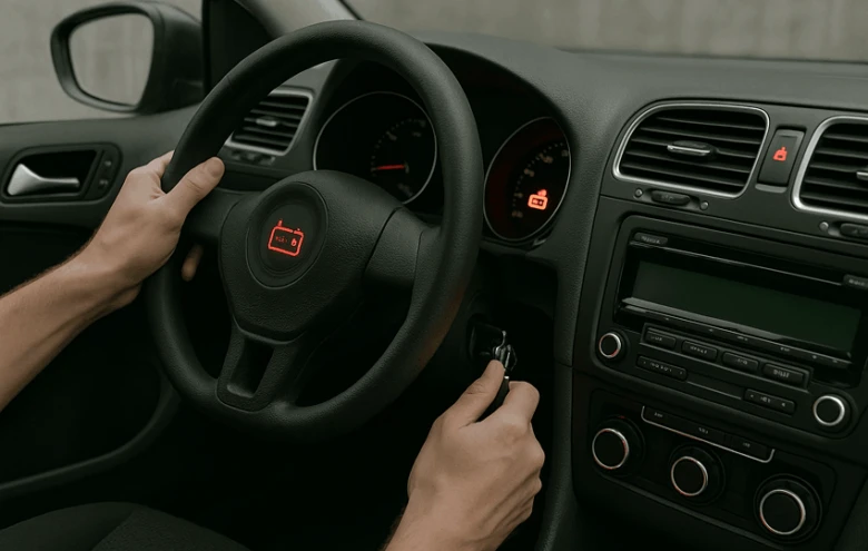 Vozidlo s rozsvícenou kontrolkou kontroly motoru na přístrojové desce.