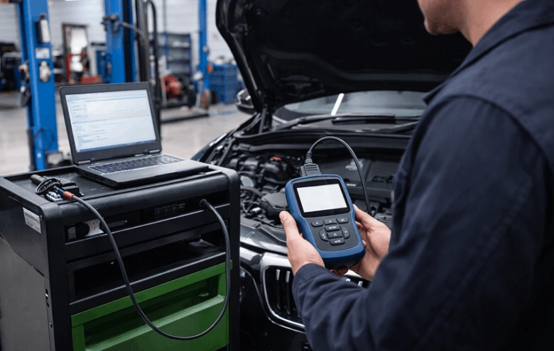 Mechanik diagnostikuje auto pomocí skeneru při otáčení startéru.