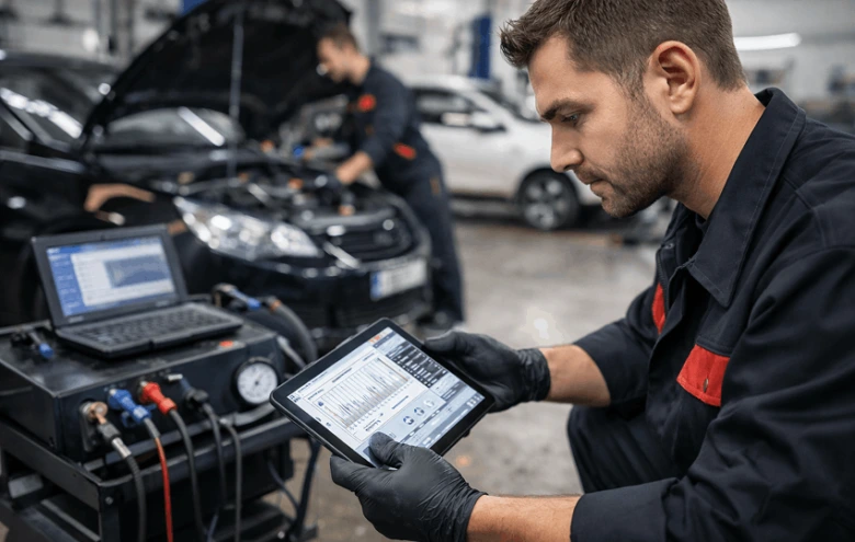 Mechanik diagnostikuje auto pomocí digitálních nástrojů v dílně.