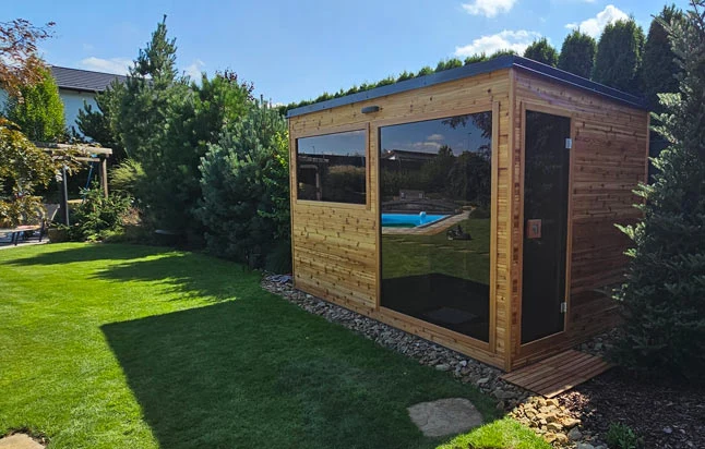Wooden garden shed with glass panels