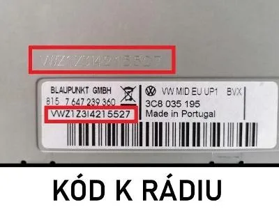 Štítek s VIN kódem VW pro zjištění kódu rádia.