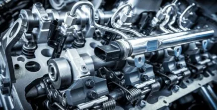 Detailní pohled na vnitřní části automobilového motoru s viditelnými ventily.