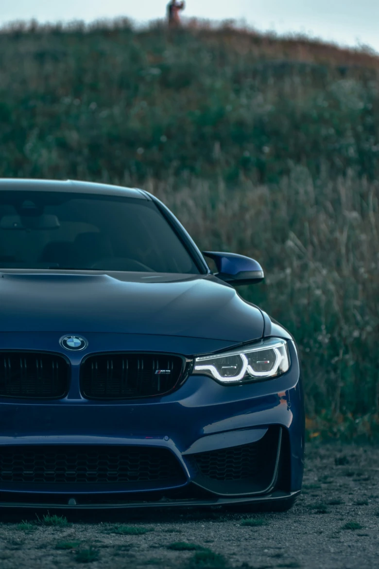 Modrý BMW zaparkovaný na zemi s vysokou trávou v pozadí.