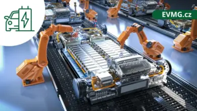 Robotická ramena montují baterii pro elektromobil na výrobní lince.