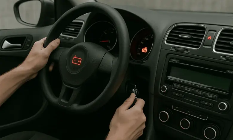 Rukou otáčí klíč v zapalování auta s rozsvíceným varovným světlem baterie.
