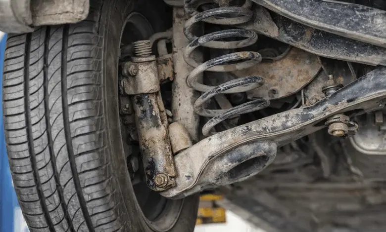 Znečištěný tlumič a pružina v podvozkovém systému automobilu.