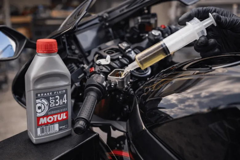 Ruka s jehlicí nalévá brzdovou kapalinu do motocyklu vedle lahvičky.