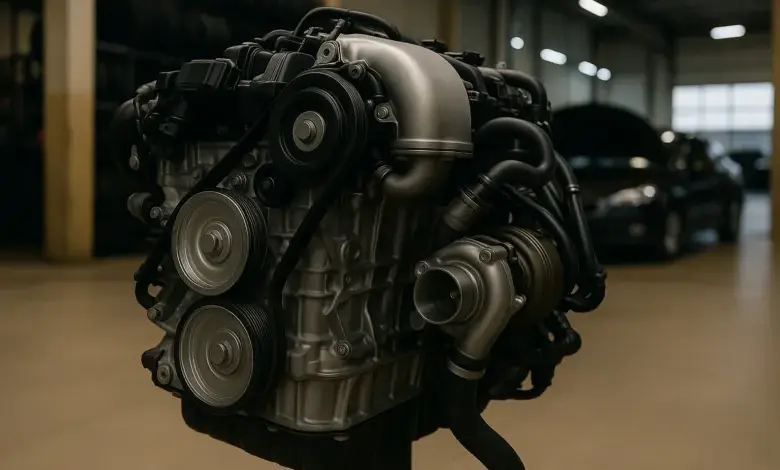 Detailní pohled na automobilový motor umístěný na stojanu.