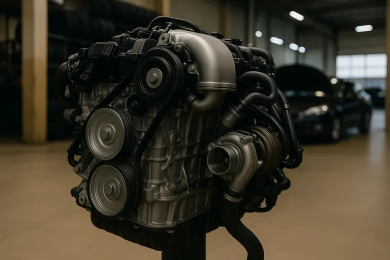 Detailní pohled na automobilový motor umístěný na stojanu.