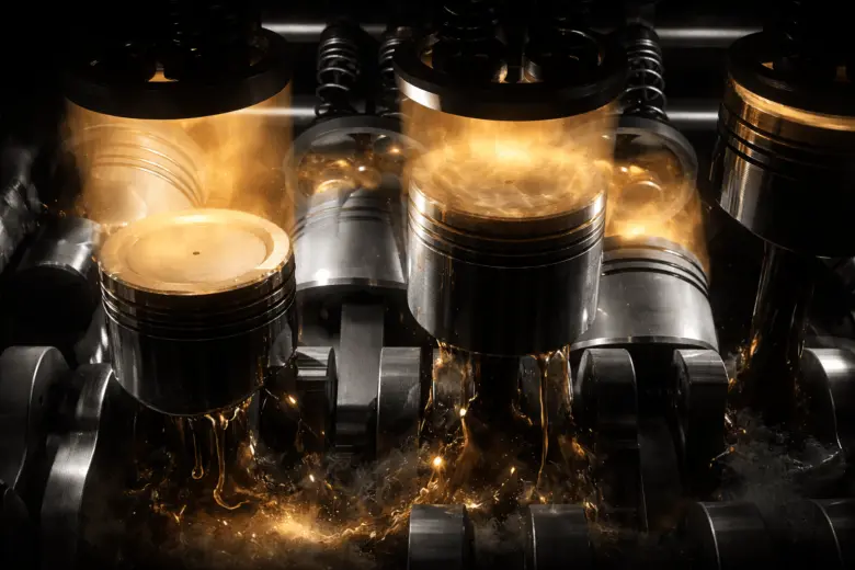 Engine pistons with oil leakage